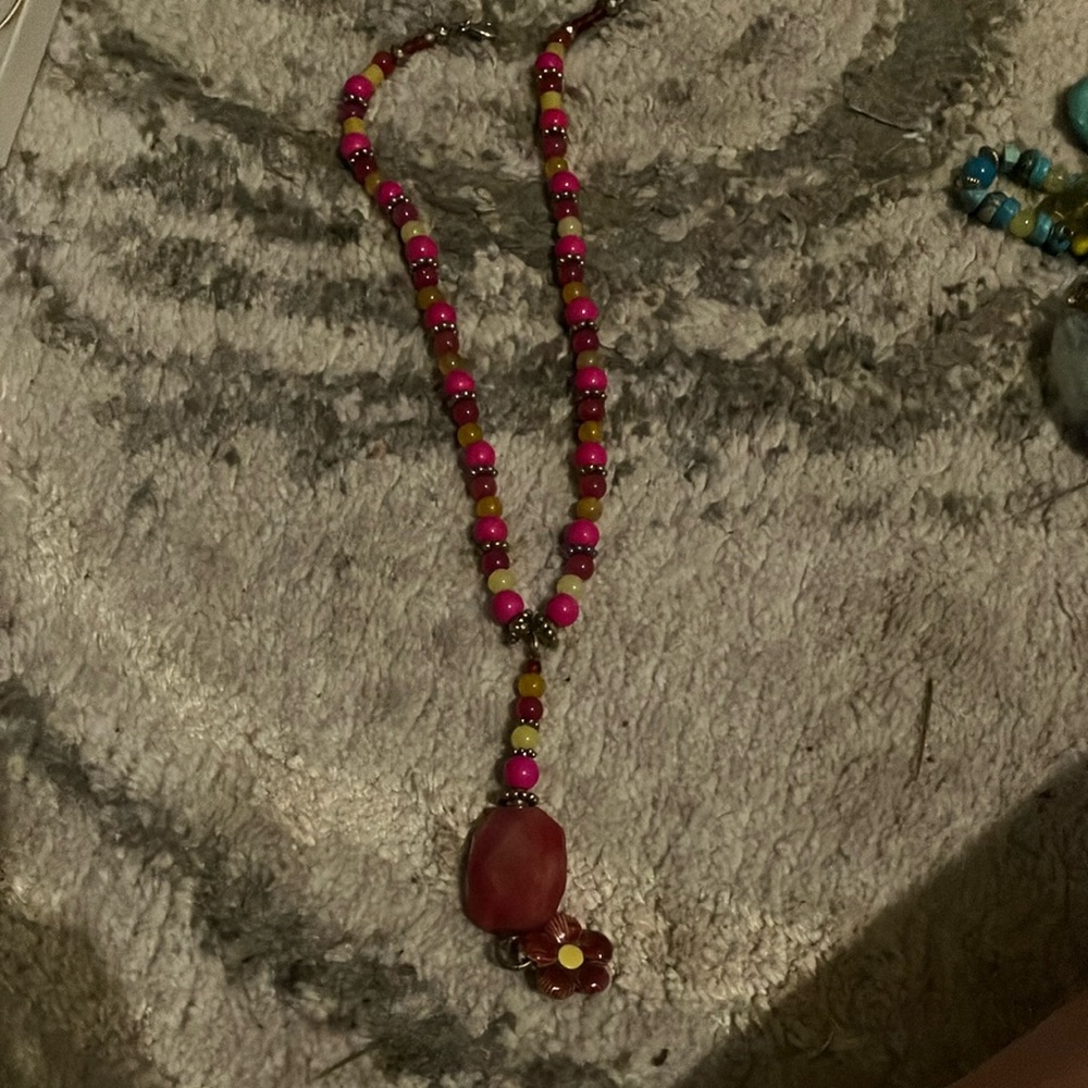Pink Beaded Necklace with Flower Pendant